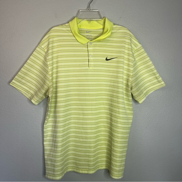 Nike Drifit Polo Classic Men Small Yellow Stripe Casual Career Golf Performance - Picture 1 of 7